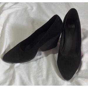 Eileen Fisher Wedge Pumps Black Suede Pointed Toe Architectural Heel  Sz 7.5